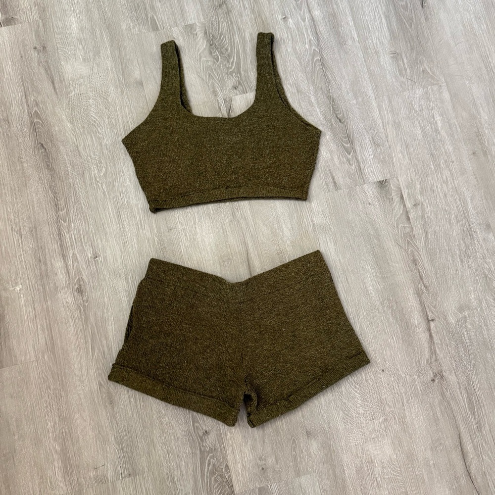 Handmade! Olive Green Knit Crop Top and Shorts Set